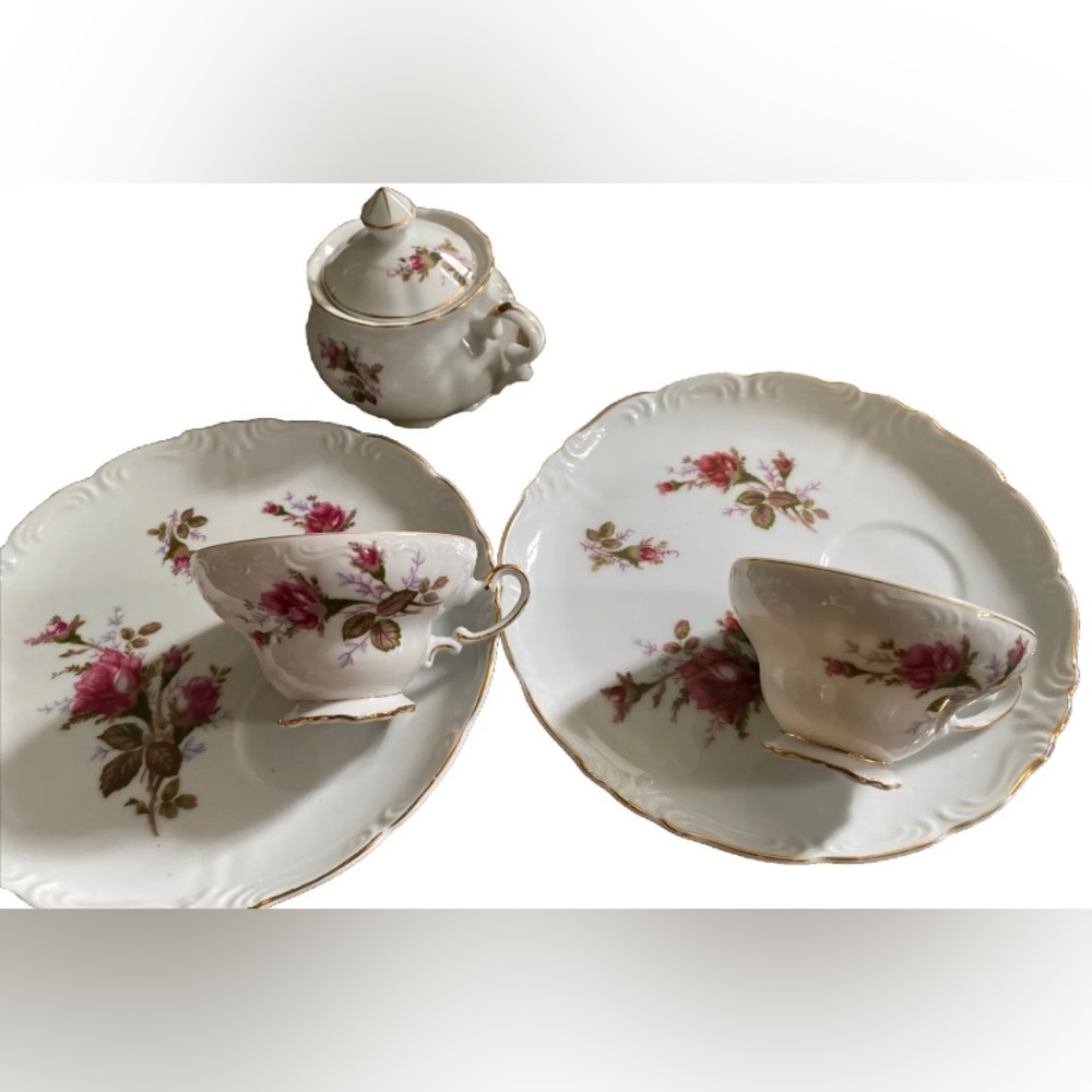 Vintage Japan Moss Rose China Tea Set 6 Piece Cups Saucers Plates